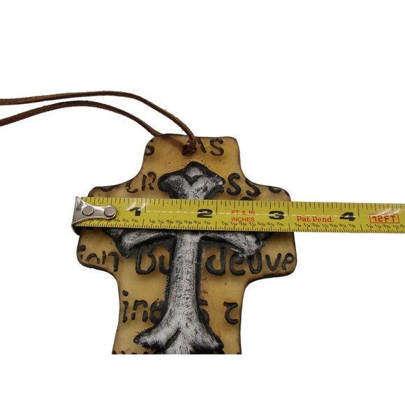 Hanging Religious Cross Christian Glass Ornament 5" Leather Hardware Collectible - Picture 9 of 11